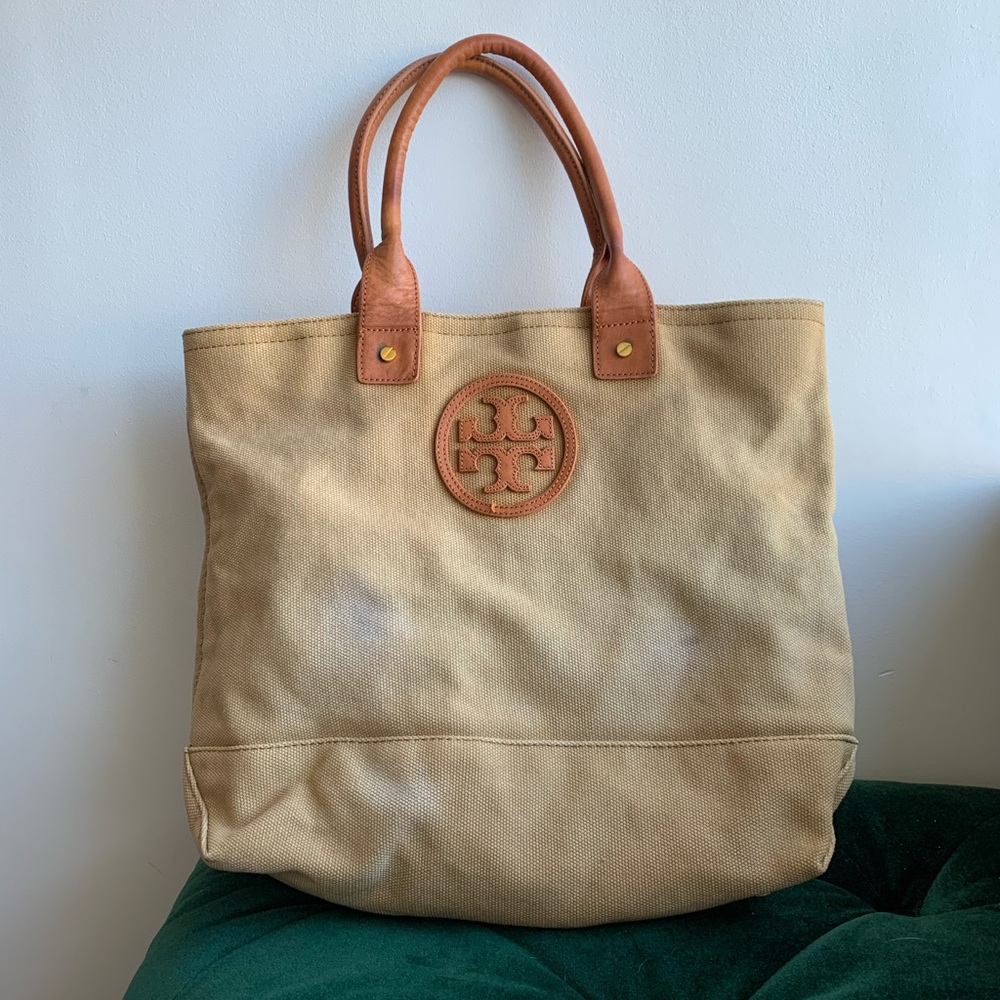 Tory Burch - Woven Canvas Tote with Saddle Leather